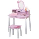 HOMCOM Juego de Tocador para Niñas de +3 Años Tocador de Juguete Infantil con Taburete Función de Música Luces Incluye 29 Piezas 49,5x23,5x69,5 cm(c-4)