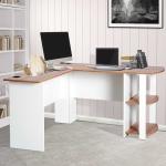 HOMCOM Mesa de Ordenador PC Escritorio para Hogar Tipo Esquinera Forma L con Estantes Madera 136,2x130,4x72cm Nogal y Blanco(c-1)