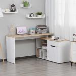 HOMCOM Mesa Escritorio Giratoria Mesa de Ordenador Esquinera Forma de L con Cajón Estantes Abiertos Armario 140x117x76 cm Blanco y Madera(c-3)