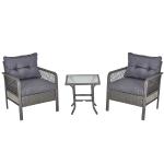 Outsunny Conjunto de Muebles de Ratán 3 Piezas de Jardín 2 Sillones 65x66x75 cm y 1 Mesa 50x50x50 cm de Vidrio Templado con Cojines Acolchados para Terraza Patio Gris(c-2)