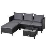 Outsunny Conjunto de Muebles de Jardín 4 Piezas Ratán Doble Sofá Mesa de Café Taburete con Cojines Acolchados para Exteriores Marco de Metal Negro(c-2)