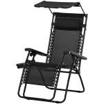 Outsunny Tumbona Plegable Silla de Gravedad Cero Reclinable con Toldo de Sombra con Bandeja Portavasos Portátil Textilene para Jardín Balcón Carga 150kg 90x67x110 cm Negro