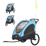 HOMCOM Remolque Infantil 3en1 para Bicicleta Carro de 2 Plazas para Niños de +6 Meses Plegable Ruedas Giratorias y Manillar Ajustable 150x85x107 cm Azul(c-1)