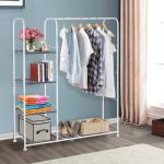 HOMCOM Estante de Ropa Perchero Estándar de Barra Altura Ajustable Portátil con Estante Inferior sobre Ruedas Tubería de Acero 68,5x42x87-145 cm Blanco Plata(c-2)