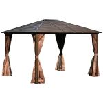Outsunny Cenador con Techo Exterior 3,65x3x2,65 m Gazebo Pabellón al Aire Libre Carpa de Jardín con Pared Lateral y Mosquitero Marco de Hierro Color Marrón
