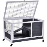 PawHut Jaula para Conejos de Madera 90x53x59 cm Conejera para Mascotas Pequeñas Portátil Interior con Techo Abrible Rampa Bandeja Extraíble para Conejillos de Indias Gris y Blanco(c-2)
