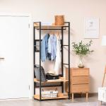 HOMCOM Perchero de Entrada 2 en 1 con 3 Estantes de Almacenaje y 2 Barras Colgar Ropa para Pasillo Dormitorio Sala de Estar 60x40x190 cm Negro Madera Natural(c-1)