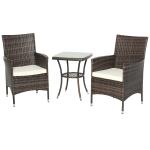 Outsunny Conjunto de 1 Mesa 2 Sillas Muebles Ratán para Jardín Exterior Patio Terraza con Cojín Poli Ratán Marco Metal Color Marrón(c-3)