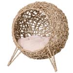 PawHut Cama Cueva de Ratán para Gatos o Mascotas Pequeña con Base Trípode Cojín de Felpa y Algodón Suave Φ52x58 cm Madera Natural