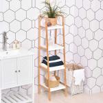 kleankin Estantería para Baño Almacenaje con 5 Niveles Estructura de Bambú y Estantes de Pino 35x36x138.5cm Blanco y Bambú Natural(c-2)