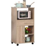 HOMCOM Carro de Cocina para Microondas Aparador de Almacenaje con 4 Ruedas y Frenos Cajón Estantes Abiertos Compartimento con Puerta 60x40x108 cm Roble