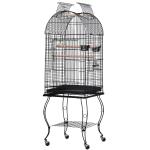 PawHut Jaula para Pájaros con Soporte y Ruedas Jaula Grande de Metal con Bandeja Extraíble y 2 Comederos para Loros Guacamayos 53x53x153 cm Negro