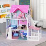 HOMCOM Casa de Muñecas de 3 Pisos con Patio Muebles Accesorios Completos Diseño Lindo Casita Muñecas de Juguete Madera 86x30x87 cm Rosa(c-2)
