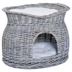 PawHut Cesta de Mimbre para Gatos de 2 Alturas con Cama y Cueva con Cojines Lavables 56x37x40 cm Gris