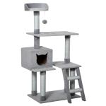 PawHut Árbol Rascador para Gatos Grande Altura 124 cm Torre de Escalada con Plataformas Escalera Cueva Postes de Yute y Bola Colgante Juego y Descanso 60,5x40x124 cm Gris