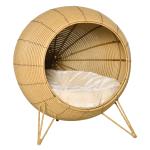 PawHut Wicker Cat Bed Elevated Rattan Kitten Basket Pet Den. House Cozy Cave with Soft Cushion D52 x 58cm Light Brown