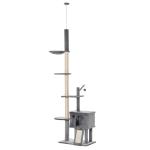 PawHut 270cm Floor To Ceiling Cat Tree Cat House Scratching Post Hammock Hanging Ball Activity Center Grey