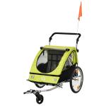 HOMCOM Child Bike Trailer 2 In1 Foldable Baby Stroller 2-Seater Transport Carrier with Adjustable Handlebar Storage Bag Reflector Flag 160L x 84W x 106H cm Green