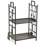 Outsunny 77cm Tall 2-Tier Wrought Iron Fireplace Firewood Holder Basket Outdoor Indoor Heavy Duty w/ 4 Tools Shovel Broom Tong Firestick Black Gold Tone
