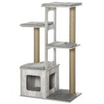 PawHut 114cm Wooden Cat Tree Condo Jute Scratching Post Cat Tower Kitten Play House Activity Center Furniture Grey