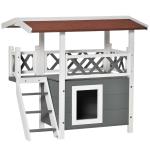 PawHut Wooden Cat House Outdoor Luxury Room Weatherproof Shelter White