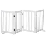 PawHut Freestanding Pet Gate 4 Panel Wooden Dog Barrier Folding Safety Fence with Support Feet Walkthrough Door up to 204cm Wide 75cm Tall for Doorway Stairs White