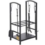 Outsunny HOMCOM Indoor Outdoor Firewood Log Rack Holder Wood Lumber Storage with Hooks 4 Tools Black