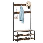 HOMCOM Coat Rack Stand, Free Standing Hall Tree, Coat Stand with Hooks, Bench and Shoe Rack, 100cm x 40cm x 184cm, Industrial Style, Rustic Brown and Black
