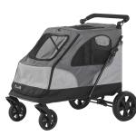 PawHut Pet Stroller Foldable Dog Cat Travel Carriage with Adjustable Handlebar Rear Door EVA Wheel Brake Storage Bag Mesh Window Safety Leash Grey