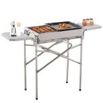 Outsunny Outdoor Folding BBQ Rectangular Stainless Steel Adjustable Pedestal Charcoal Barbecue Grill - Silver