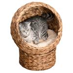 PawHut Woven Water Hyacinth Elevated Cat Bed Wicker Kitten Basket Pet Den. House Cozy Cave with Soft Cushion Dome 52 x 42 x 60cm Brown