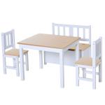 HOMCOM 4-Piece Kids Table and Chair Set with 2 Wooden Chairs, 1 Storage Bench, and Interesting Modern Design, Natural/White