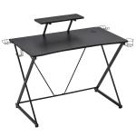 HOMCOM Gaming Computer Desk with Monitor Shelf Ergonomic Writing Racing Table Workstation Cup Holder Headphone Hook Subwoofer Rack Cable Hole Curved Front for Home Office Use Black
