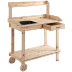 Outsunny Wooden Potting Bench Work Table with 2 Removable Wheels, Sink, Drawer & Large Storage Spaces, 92x45x119cm