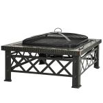 Outsunny 61.5cm 2-In-1 Outdoor Fire Pit & Firewood BBQ Manual Garden Cooker Heater Bowl w/ Safety Grate Mesh Lid Poker Handles Cover Patio Bonfire(c-5)