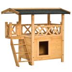PawHut Wooden Cat House Outdoor Luxury Room Weatherproof Shelter with Balcony and Stair Puppy Garden Large Kennel Natural Wood