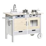 HOMCOM Kids Kitchen Play Cooking Toy Set, Educational Pretend Role Playset Game with Wheels, Sink, Cooking Bench, Drawers, for 3-5 Years Old, Nature Wood