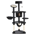 PawHut Árvore Arranhador para Gatos Grande Altura 155cm Torre de Escalada para Gatos com Caverna Redes Plataformas Postes Arranhadores de Sisal e Bola Suspensa Cinza Escuro