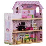 HomCom Casa de Bonecas com 13 peças Móveis Mobiliário Casita de Bonecas de Brincar Madeira 3 Pisos 60x30x71.5cm