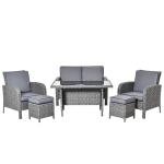 Outsunny Conjunto de móveis de jardim 6 peças de vime com mesa de centro Sofá duplo 2 poltronas individuais 2 bancos com almofadas para varanda Cinza