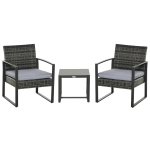 Outsunny Conjunto de Móveis de Jardim de vime 3 Peças com 1 Mesa 42,5x40x39 cm 2 Poltronas 63x57x76 cm Almofada Acolchoada para Pátio Varanda Cinza