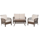 Outsunny Conjunto de 4 móveis de jardim de vime PE Poltrona, sofá duplo e mesa de centro com almofadas laváveis para terraço ao ar livre, marrom e cáqui