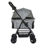 PawHut Carrinho de animal de estimação dobrável removível de aço Tecido Oxford Rodas giratórias Freios Janela para gatos pequenos Cães 67x45x96 cm Cinza