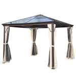 Outsunny Pérgola de Jardim 3x3m com Pára-ventos e Rede mosquiteira Alumínio, Policarbonato e Poliéster Café e Creme