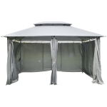 Outsunny Pérgola de jardim 3x4 m com estrutura de aço telhado duplo 6 cortinas laterais 8 orifícios de drenagem Boa ventilação para festas Eventos cinza