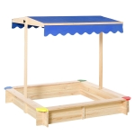 Outsunny Caixa de areia de madeira para crianças com telhado Toldo ajustável Espaçoso 120x120x120 cm para jardim Cor madeira natural