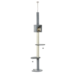 PawHut Árvore Arranhador para Gatos para Fixar ao Teto Altura Ajustável 220-280cm com Plataformas Caverna Postes de Sisal Bolas Penduradas 40x40x280cm Cinza Claro