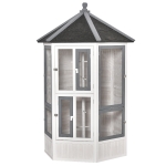 PawHut Gaiola para Pássaros de Madeira para Varanda Jardim com Múltiplas Portas Janelas 2 Ninhos de Pássaros 5 Poleiros e Teto Asfáltico 125x125x183cm Cinza Branco e Preto