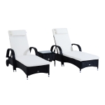 Outsunny Conjunto de 2 Espreguiçadeira + 1 Mesa Ratan para Jardim ou Terraço Cadeiras com Almofada e Encosto Ajustável a 5 Níveis - Preto