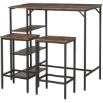 HOMCOM Conjunto de mesa de bar e 2 bancos com apoio para os pés e prateleiras de 3 níveis 109x60x100 cm marrom rústico